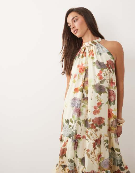 VILA - Vestido midi escalonado con estampado floral de jardín y cuello halter, 3 de 4