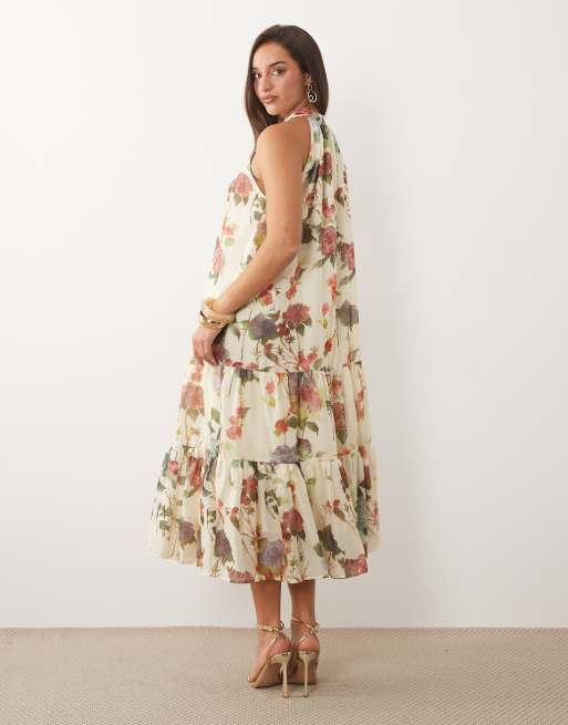 VILA - Vestido midi escalonado con estampado floral de jardín y cuello halter, 4 de 4