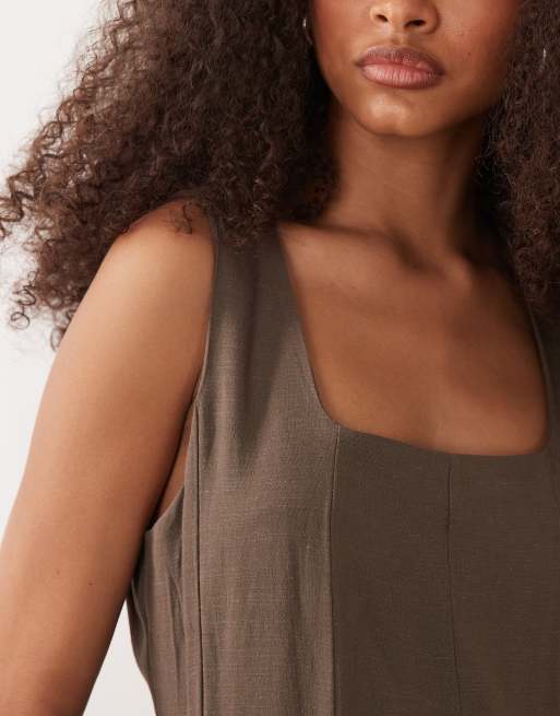 VILA - Vestido midi negro pizarra con escote cuadrado de tejido efecto lino, 2 de 4