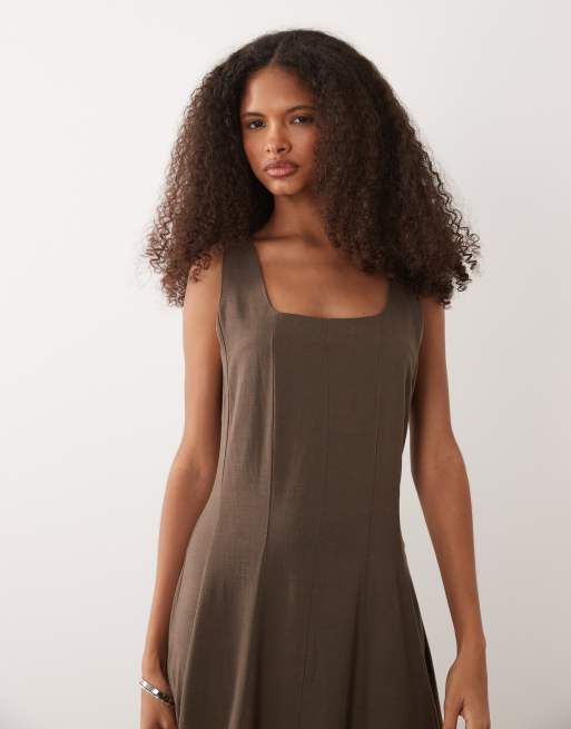 VILA - Vestido midi negro pizarra con escote cuadrado de tejido efecto lino, 3 de 4