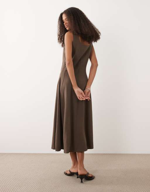 VILA - Vestido midi negro pizarra con escote cuadrado de tejido efecto lino, 4 de 4