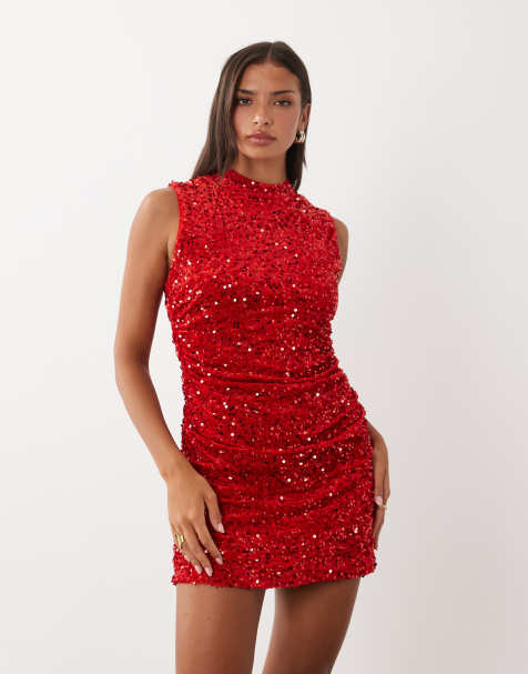 Vila - vestido mini de terciopelo sin mangas con cuello alto, lentejuelas y fruncido en rojo - view 1