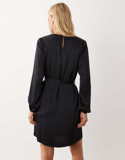 Vila - Vestido mini satinado de manga larga con cintura anudada en negro, 2 de 4