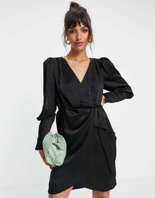 Vila - Vestito avvolgente in raso con maniche a palloncino nero - BLACK