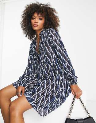 Vila long sleeve mini shirt dress in navy print - ASOS Price Checker