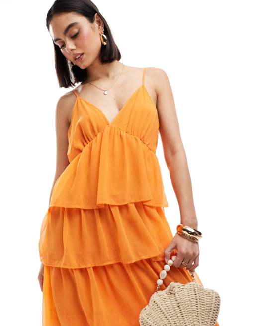 Vila - Vestito con spalline sottili lungo a balze arancione tramonto con volant, 2 di 4
