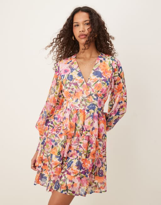 Vila - Vestito corto a balze con stampa a fiori multicolore