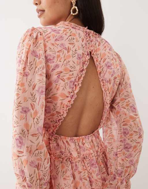 VILA - Vestito corto a balze con volant rosa pallido con stampa di rose, 4 di 4