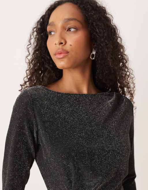 VILA - Vestito corto a maniche lunghe nero glitterato arricciato, 2 di 4