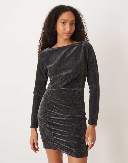 VILA - Vestito corto a maniche lunghe nero glitterato arricciato, 3 di 4