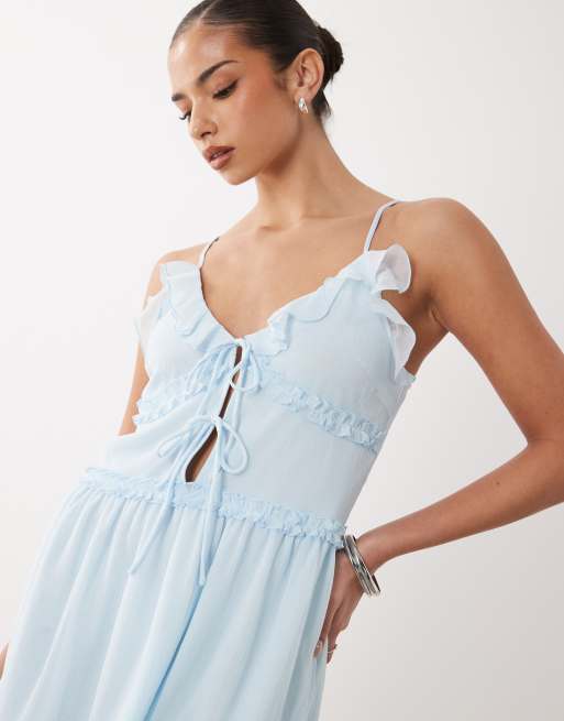 VILA - Vestito corto allacciato sul davanti con spalline sottili e volant blu pastello, 2 di 4