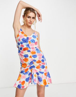 Vila ruched front mini dress with tie back in bold floral - ASOS Price Checker