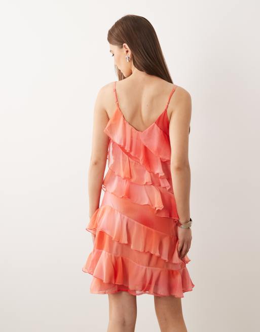 VILA - Vestito corto con spalline sottili e volant rosa con stampa sfocata, 4 di 4