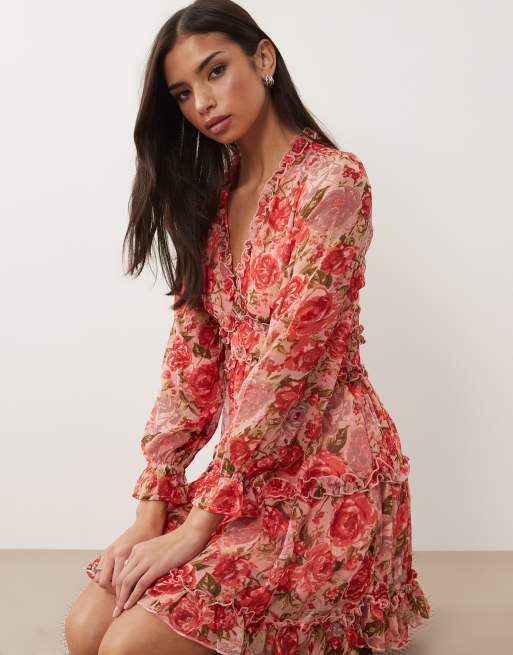 Vila - Vestito corto in chiffon con stampa di rose rosse e volant, 2 di 4