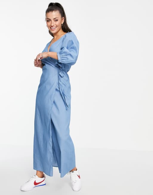Vila - Vestito di jeans avvolgente blu con scollo a V e maniche a palloncino