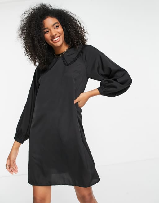 Vila - Vestito grembiule corto con colletto in pizzo nero - BLACK