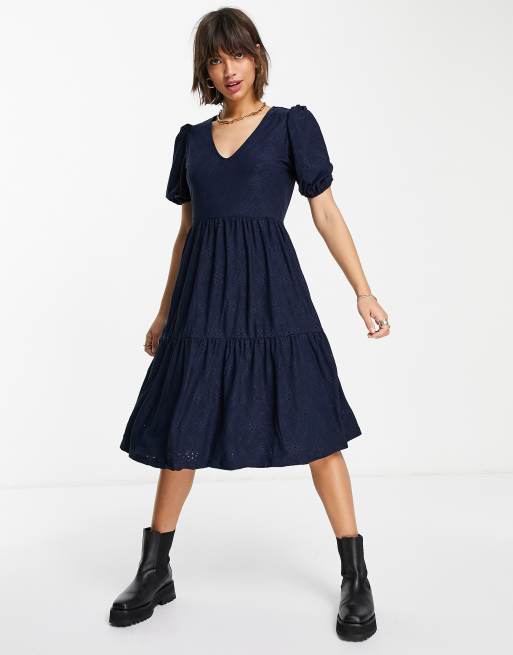 Vila - Vestito grembiule midi a balze, colore blu navy