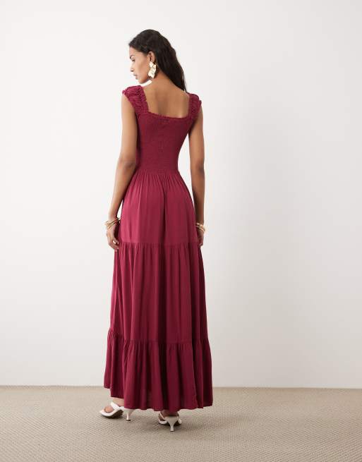 VILA - Vestito lungo a balze con corpino arricciato rosso vino, 3 di 4