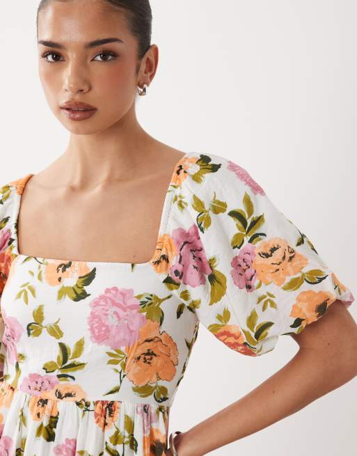 VILA - Vestito lungo a balze con maniche voluminose bianco a fiori, 4 di 4