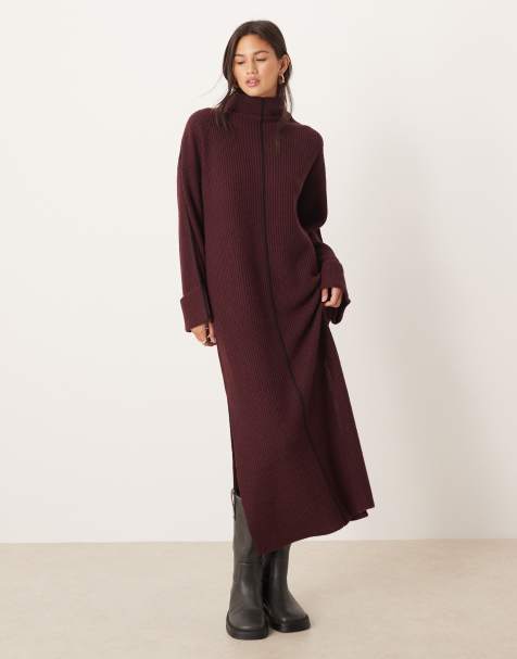 VILA - Vestito lungo accollato in maglia bordeaux - view 1