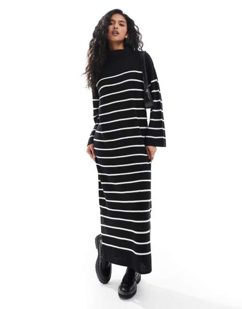Vila - Vestito lungo accollato in maglia nero e bianco a righe - view 1