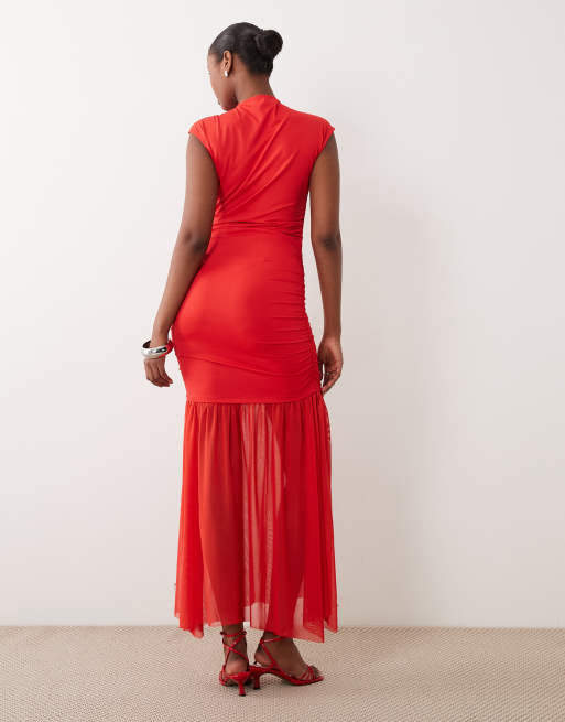 VILA - Vestito lungo aderente accollato rosso, 3 di 4