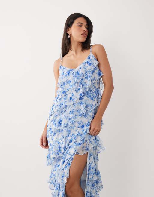 VILA - Vestito lungo asimmetrico con volant e spacco laterale blu a fiori , 2 di 4