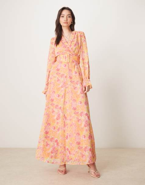 Vila - Vestito lungo avvolgente in chiffon arancione a fiori - view 1