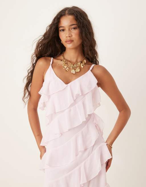 VILA - Vestito lungo color rosa chiaro con volant asimmetrici e spacco laterale, 4 di 4