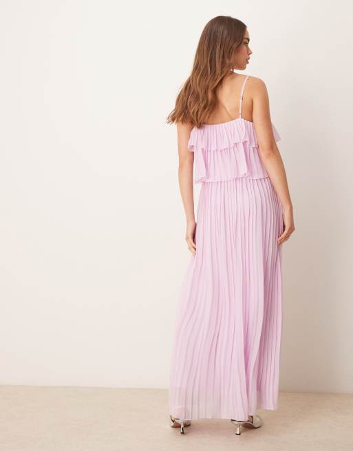 VILA - Vestito lungo con spalline sottili a pieghe rosa orchidea con volant a balze, 3 di 4