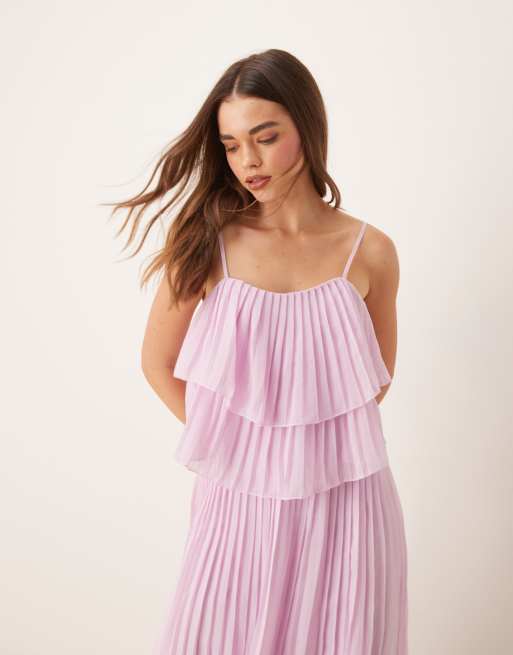 VILA - Vestito lungo con spalline sottili a pieghe rosa orchidea con volant a balze, 4 di 4