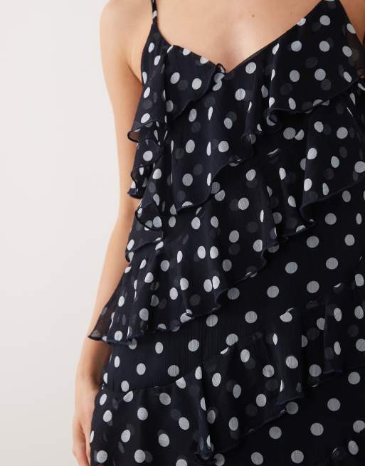 VILA - Vestito lungo con spalline sottili e volant blu navy a pois con spacco sulla gamba, 3 di 4