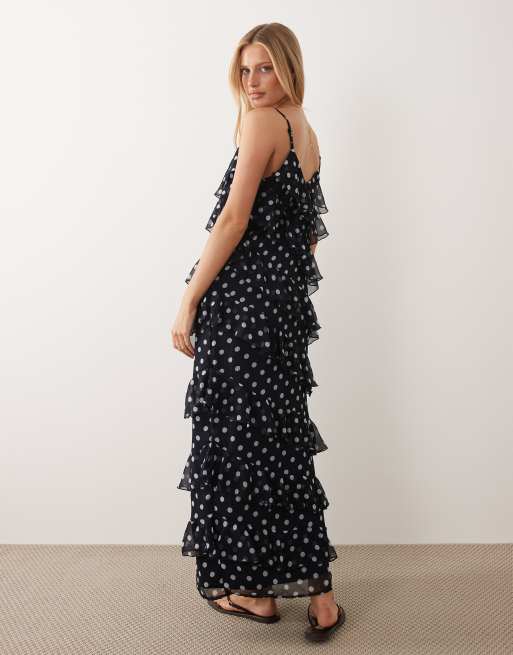 VILA - Vestito lungo con spalline sottili e volant blu navy a pois con spacco sulla gamba, 4 di 4