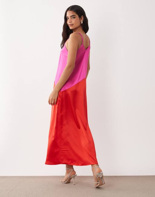 Vila - Vestito lungo con spalline sottili in raso rosa e rosso a contrasto, 3 di 4