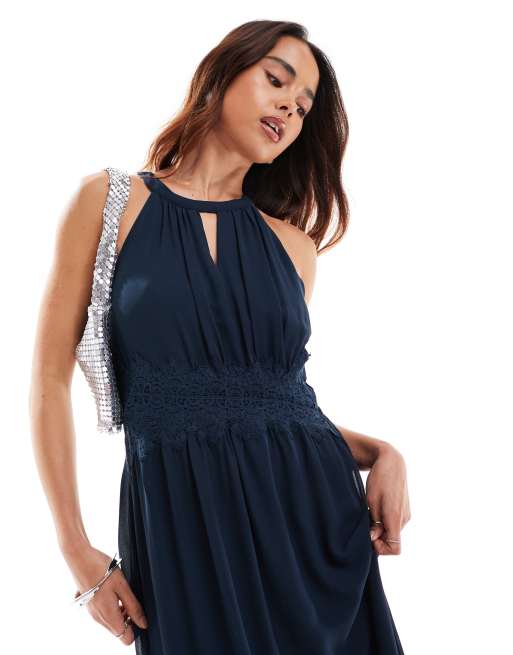 Vila - Vestito lungo da damigella allacciato al collo blu navy, 3 di 4