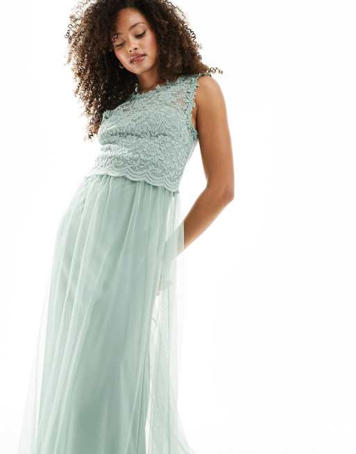 Vila - Vestito lungo da damigella in pizzo e tulle verde salvia, 3 di 4