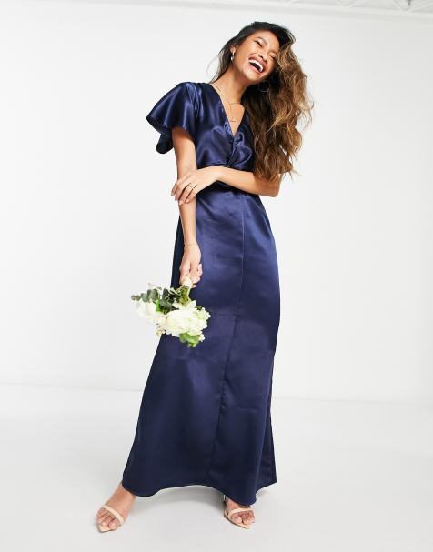 Vila - Vestito lungo da damigella in raso blu navy con maniche con volant - view 1