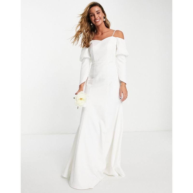Vestiti lunghi Donna Vila - Vestito lungo da sposa a corsetto bianco con maniche con bottoni