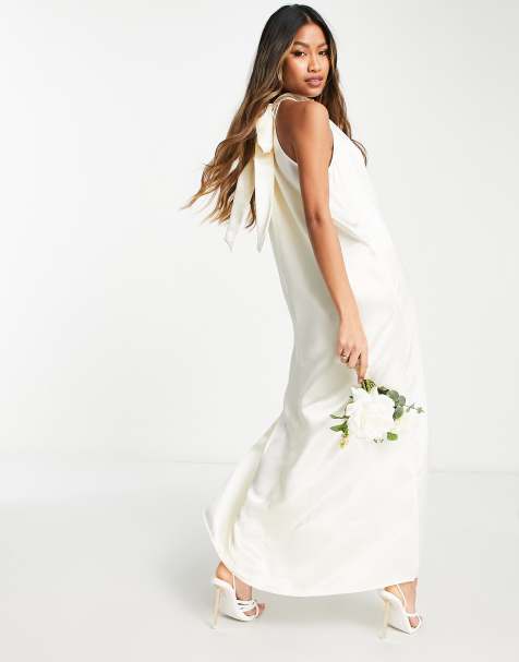 Vila - Vestito lungo da sposa in raso color crema con fiocco sul retro - view 1