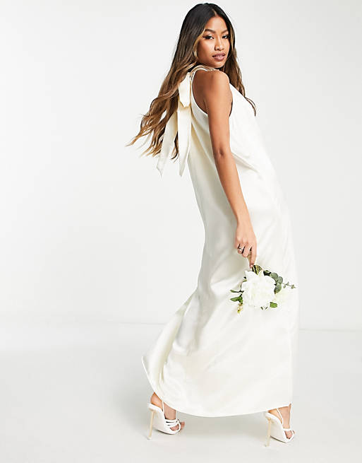Vila - Vestito lungo da sposa in raso color crema con fiocco sul retro
