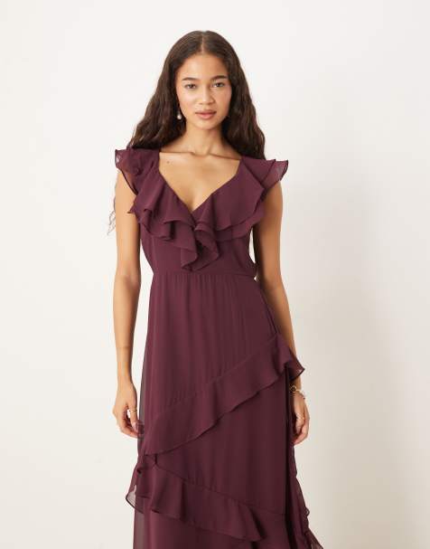 VILA - Vestito lungo in chiffon bordeaux con scollo a V e volant - view 1