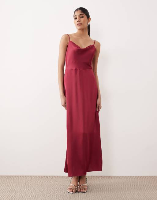 VILA - Vestito lungo in raso color bordeaux con scollo ad anello e spalline sottili