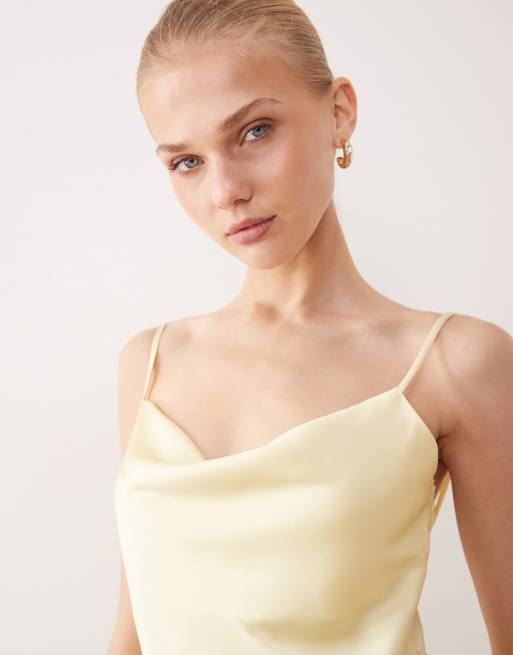 Vila - Vestito lungo in raso giallo pastello con scollo ad anello, 4 di 4
