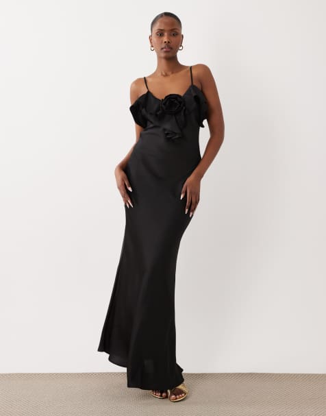 Vila - Vestito lungo in raso nero con spalline sottili e volant - view 1