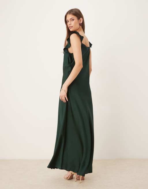 VILA - Vestito lungo in raso verde scarabeo con scollo ad anello e spalline drappeggiate con volant, 2 di 4