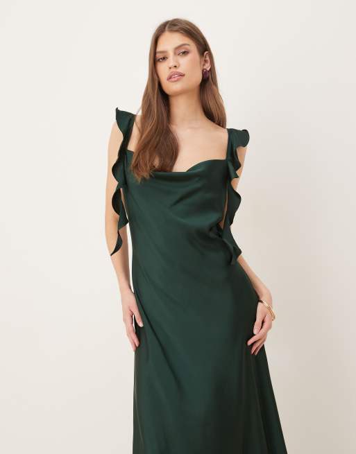 VILA - Vestito lungo in raso verde scarabeo con scollo ad anello e spalline drappeggiate con volant, 4 di 4