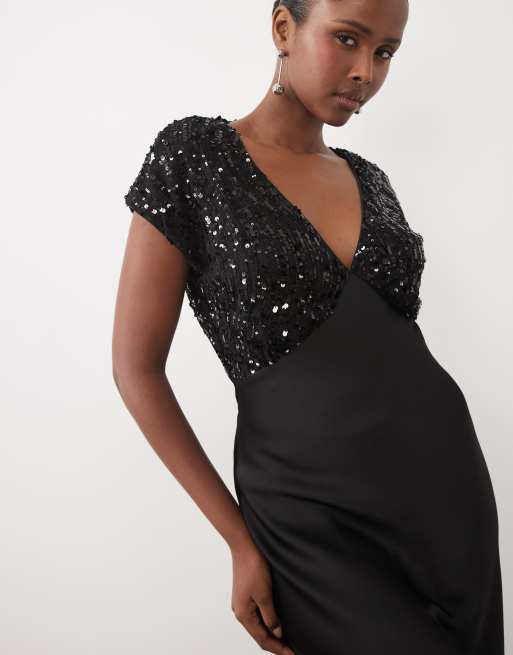 Vila vestito lungo in satin con inserto in paillettes nero, 4 di 4