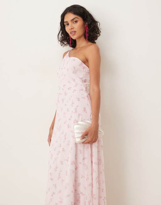 VILA - Vestito lungo monospalla rosa a fiorellini , 2 di 4