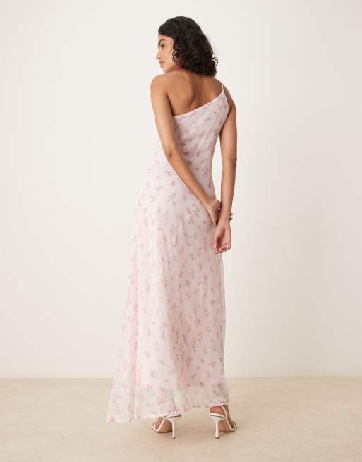 VILA - Vestito lungo monospalla rosa a fiorellini , 4 di 4