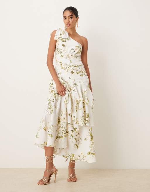 Vila - Vestito lungo premium monospalla appariscente color crema a fiori con volant
